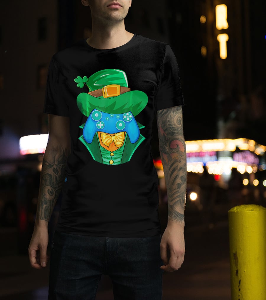 Leprechaun Gamer Controller St Patrick's Day Shamrock Hat Bowtie T-Shirt