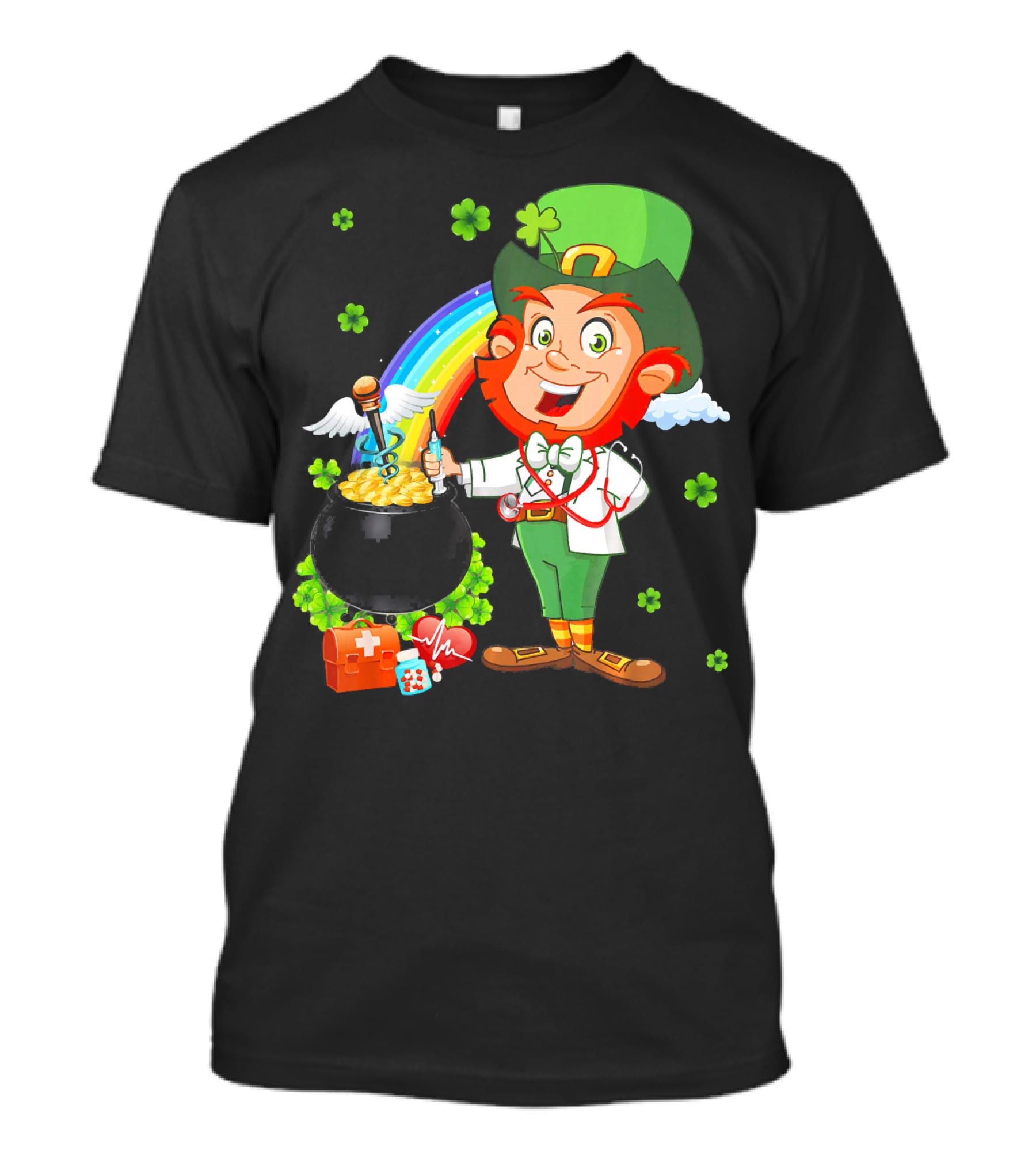 Lucky Medical Scrub Nurse Doctor Leprechaun With Pot Of Gold And Rainbow T-Shirt