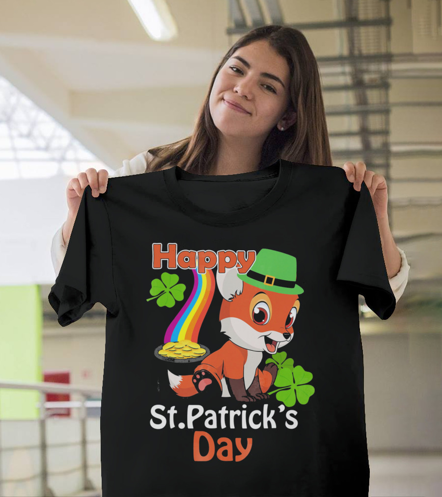 Happy St Patrick's Day Funny Fox Rainbow Clover Gold T-Shirt