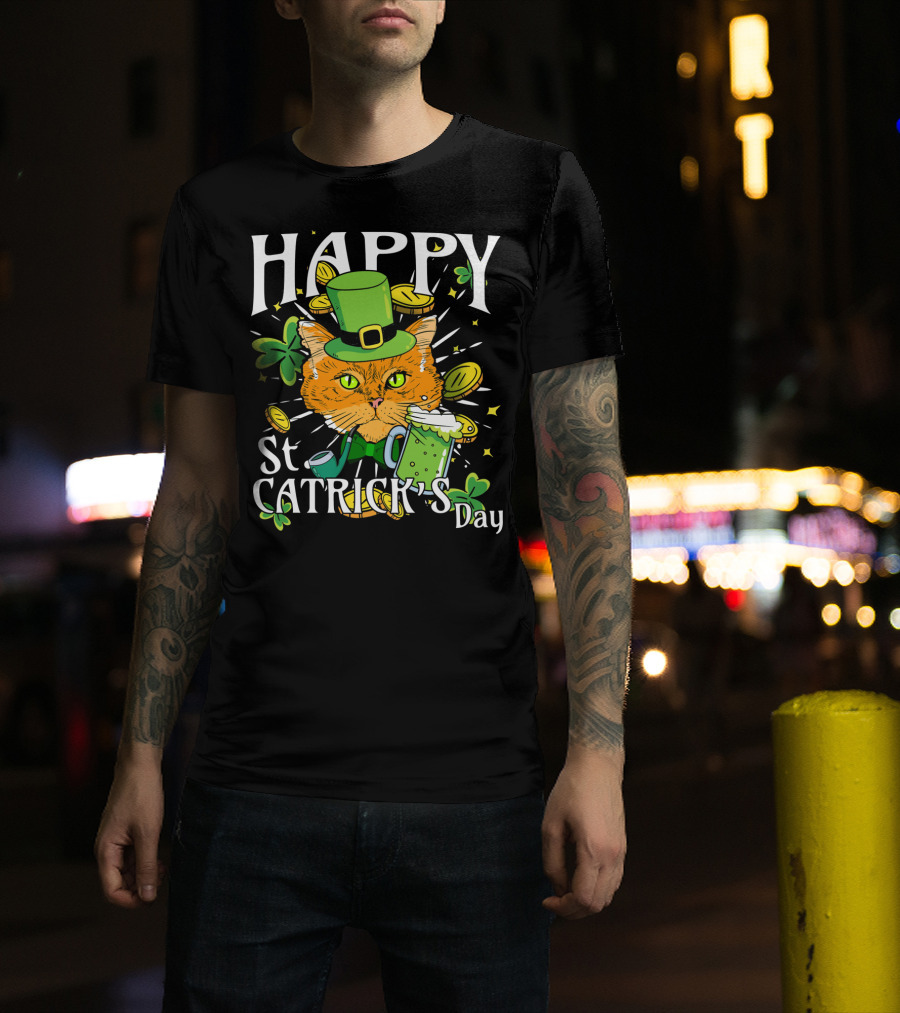 Happy St. Catricks Day Funny St. Patrick Cat Clover Coins T-Shirt