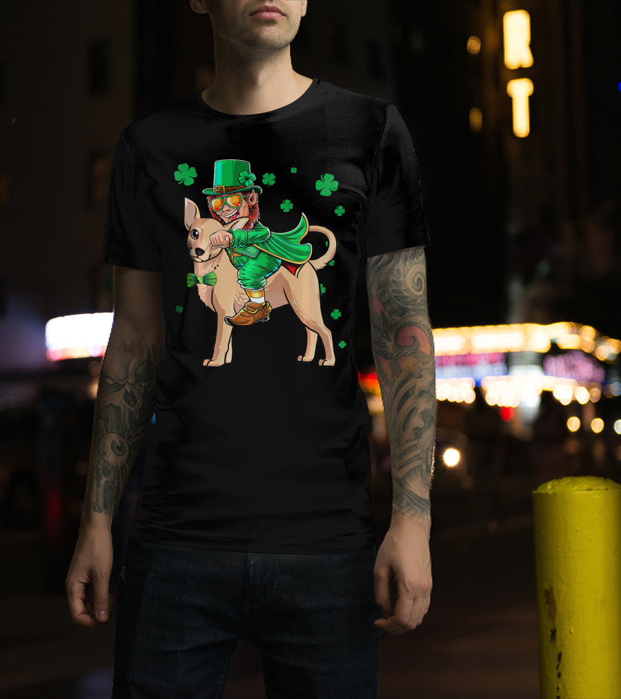 Leprechaun Riding Chihuahua With Shamrocks St. Patrick's Day T-Shirt