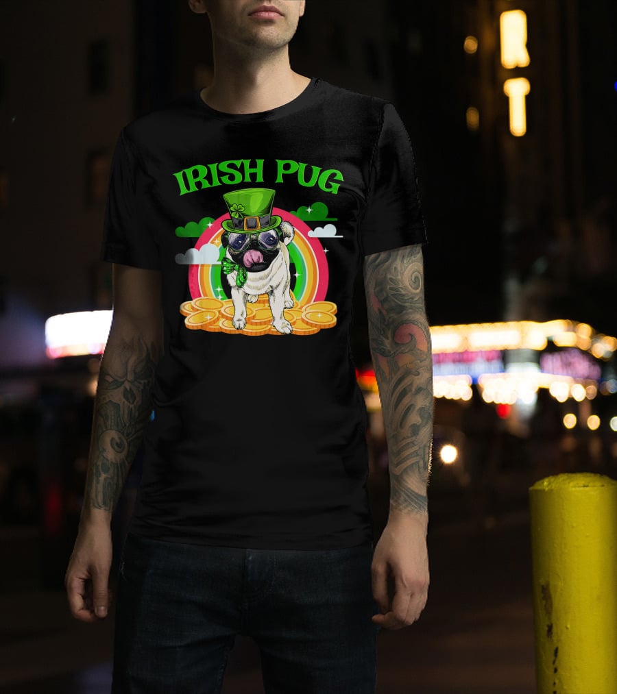 Irish Pug Funny St Patricks Day Leprechaun Rainbow Coins T-Shirt