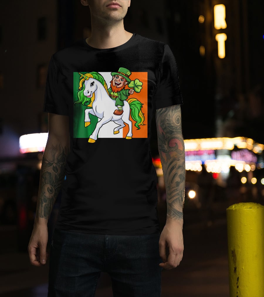 Leprechaun Riding Unicorn Irish Flag St Patricks Day T-Shirt