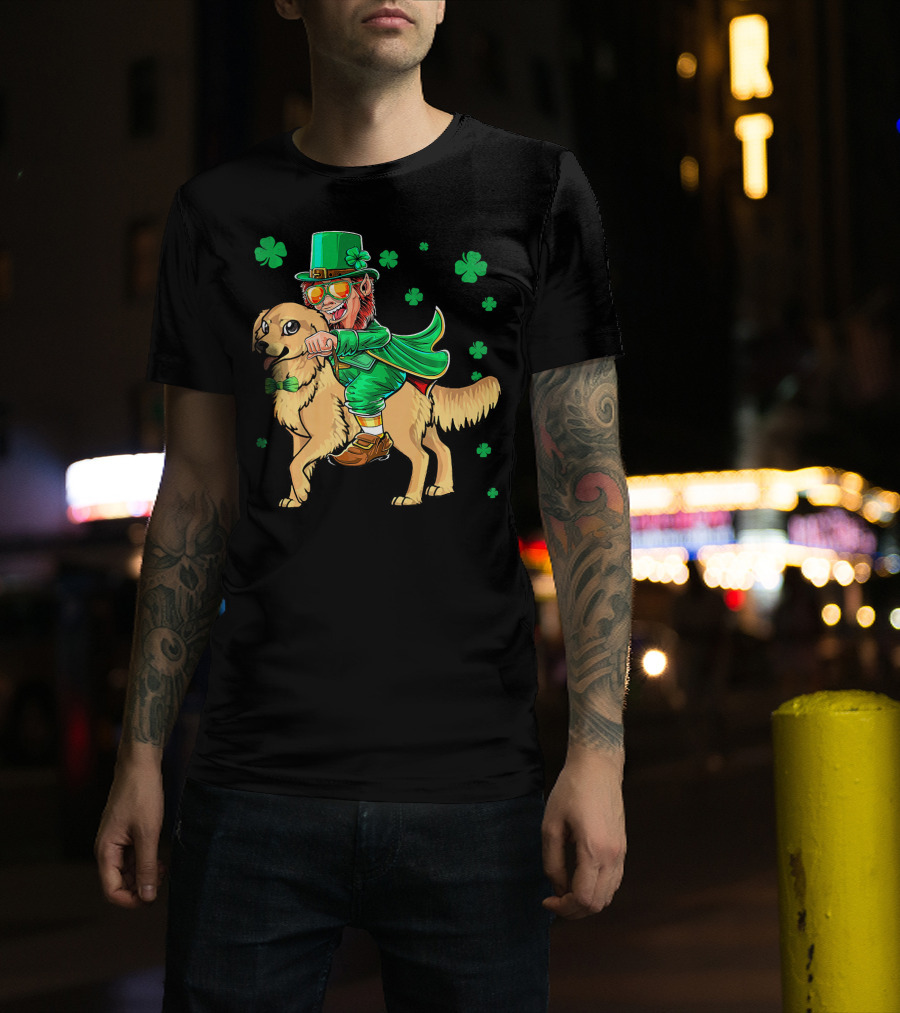 Leprechaun Riding Golden Retriever With Shamrocks T-Shirt
