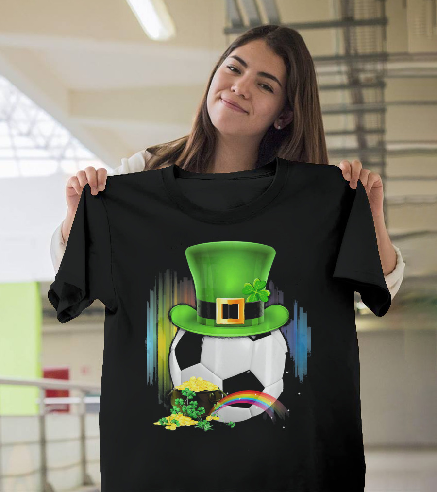 Soccer Ball Leprechaun Hat Pot Of Gold Rainbow Saint Patricks T-Shirt