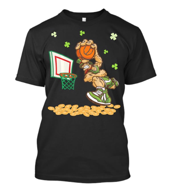 Leprechaun Dunking Basketball Surrounded By Shamrocks And Gold Coins T-Shirt