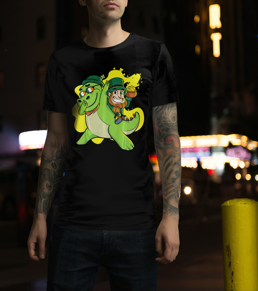 Dabbing Dinosaur And Leprechaun With Gold For St Patrick's Day T-Shirt
