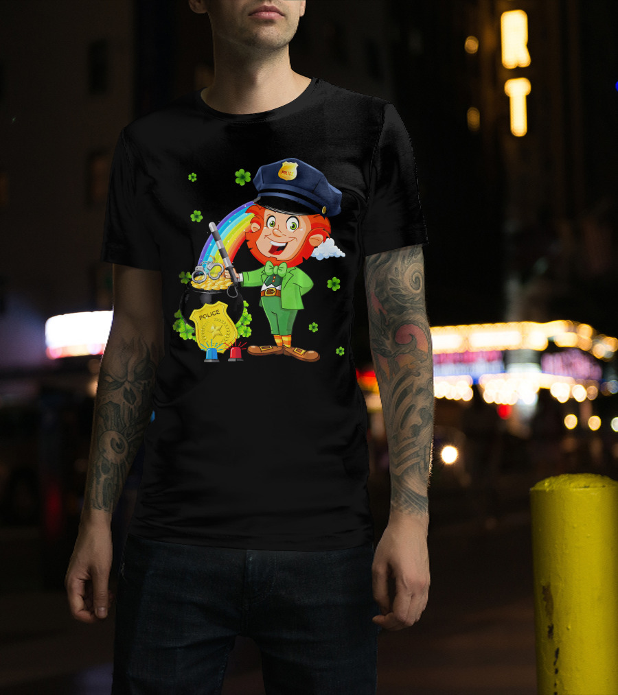 Police Leprechaun Pot Of Gold Rainbow Clover St. Patricks T-Shirt