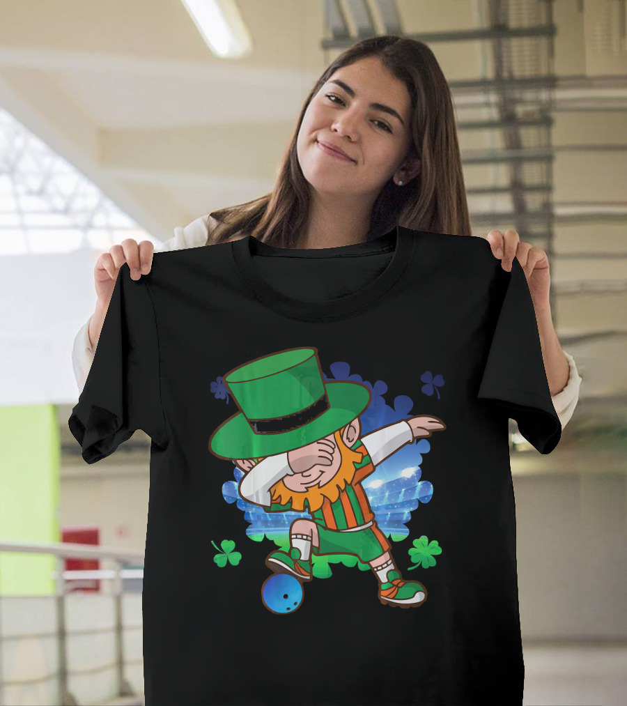 Leprechaun Dabbing Bowling With Clover Accents T-Shirt