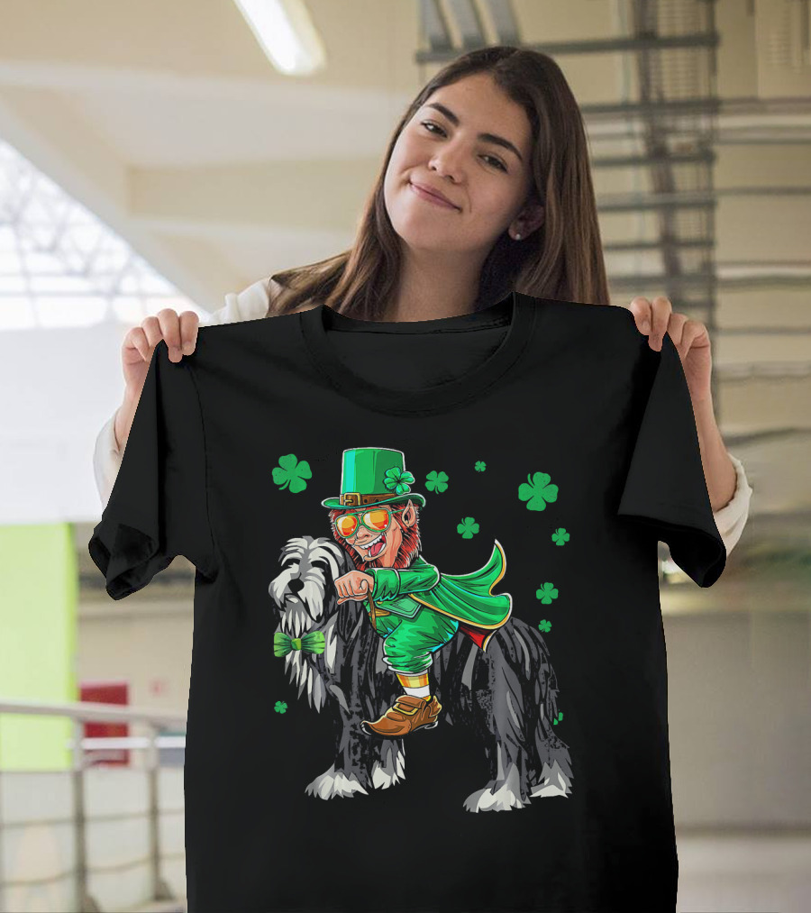 Leprechaun Riding Bearded Collie with Shamrocks T-Shirt
