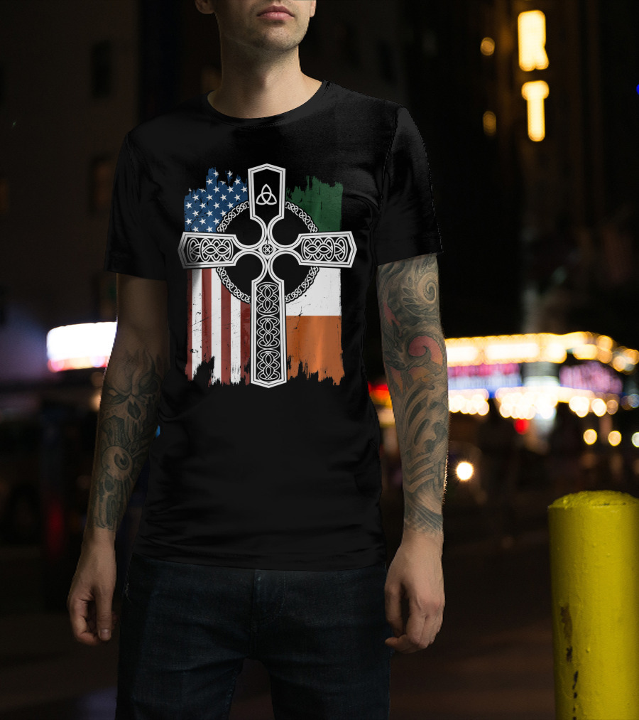 American Irish Flag Celtic Cross With Triquetra T-Shirt