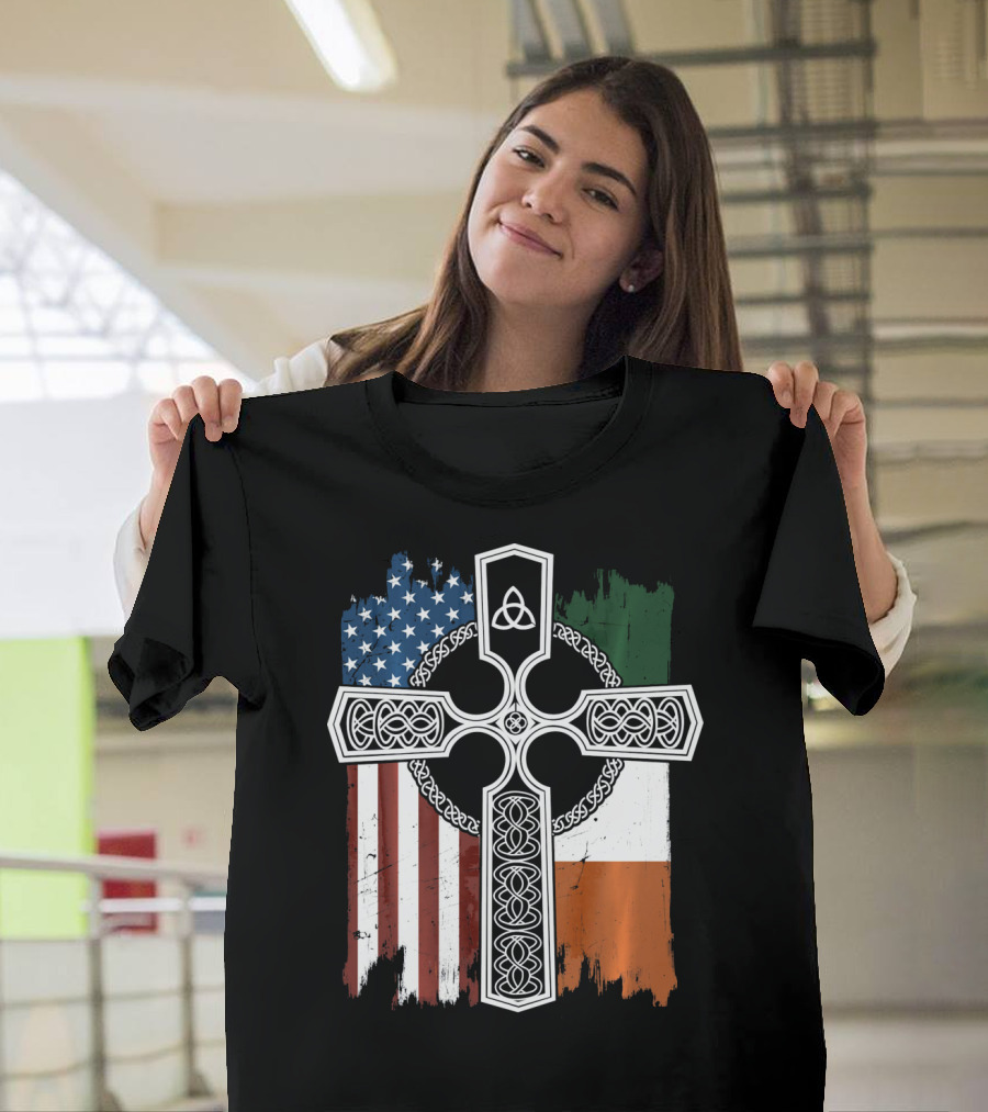 American Irish Flag Celtic Cross With Triquetra T-Shirt