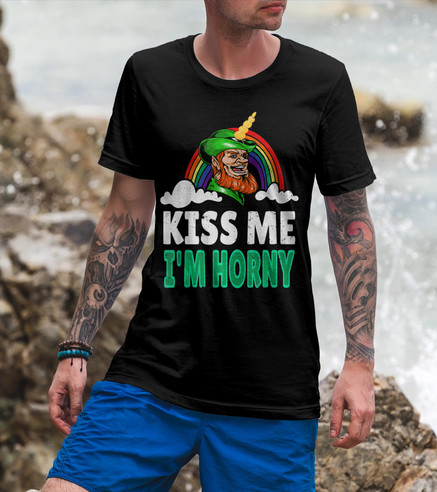 Kiss Me I'm Horny St Patricks Day Lepricorn Rainbow T-Shirt