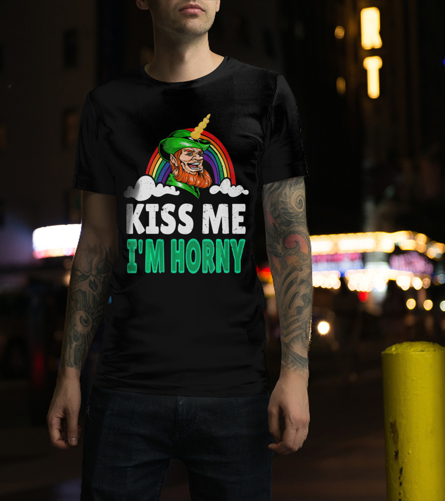 Kiss Me I'm Horny St Patricks Day Lepricorn Rainbow T-Shirt