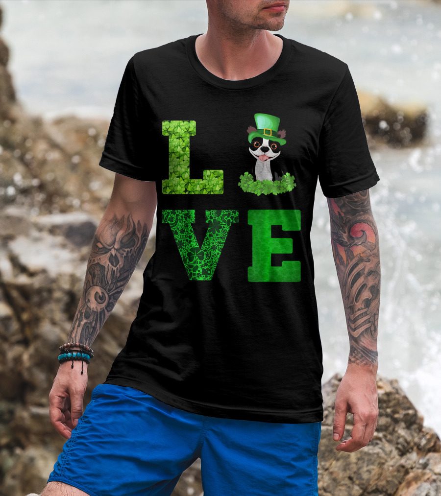Love Boston Terrier St Patricks Day Clover Hat T-Shirt