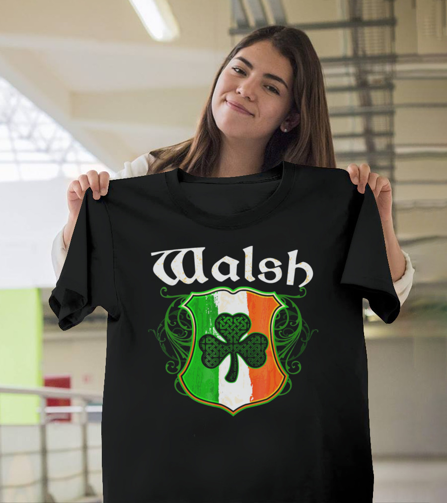 Walsh Surname Irish Shamrock Crest with Green White Orange Shield T-Shirt