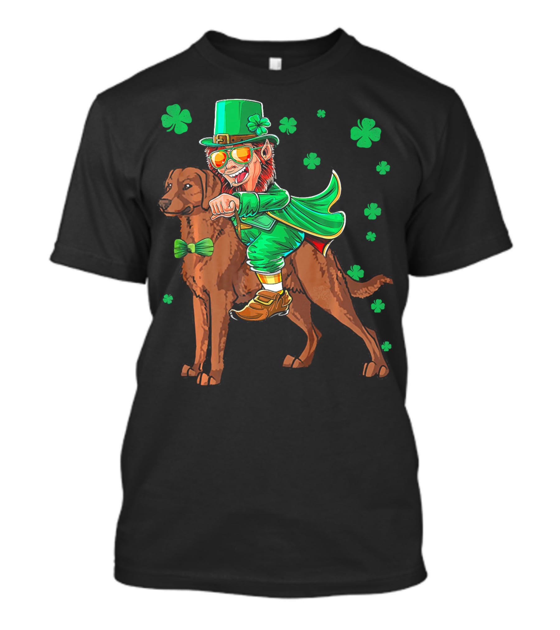 Leprechaun Riding Chesapeake Bay Retriever With Shamrocks T-Shirt