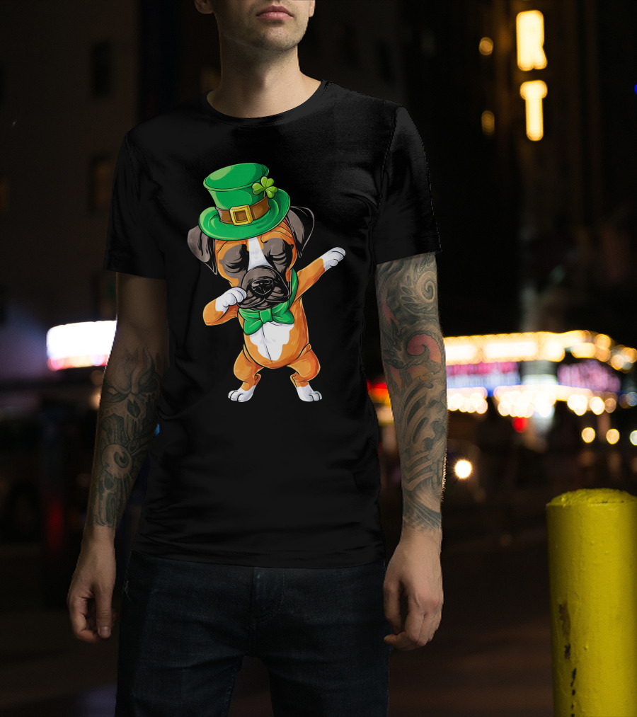 Dabbing Boxer Dog St Patricks Day Hat Bowtie T-Shirt