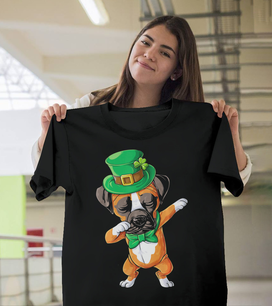 Dabbing Boxer Dog St Patricks Day Hat Bowtie T-Shirt
