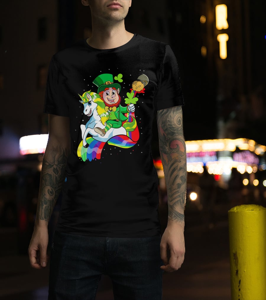 St Patricks Day Leprechaun Riding Unicorn With Rainbow Lucky Charms T-Shirt