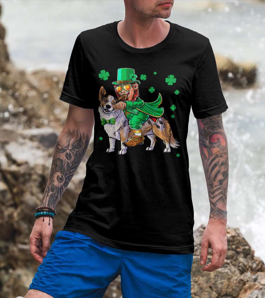 Leprechaun Riding Cardigan Welsh Corgi With Shamrocks T-Shirt