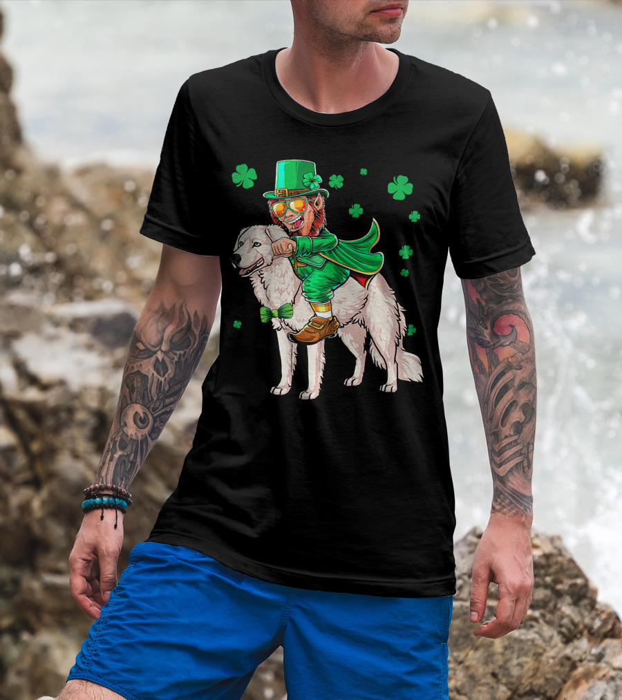 Leprechaun Riding Kuvasz Surrounded By Shamrocks For St. Patrick's Day T-Shirt
