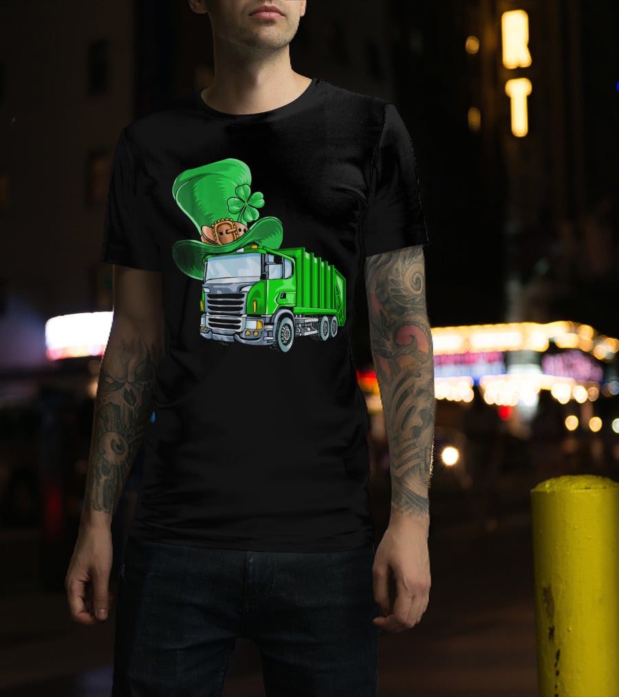 St Patricks Day Garbage Truck With Leprechaun Hat And Four-Leaf Clover T-Shirt