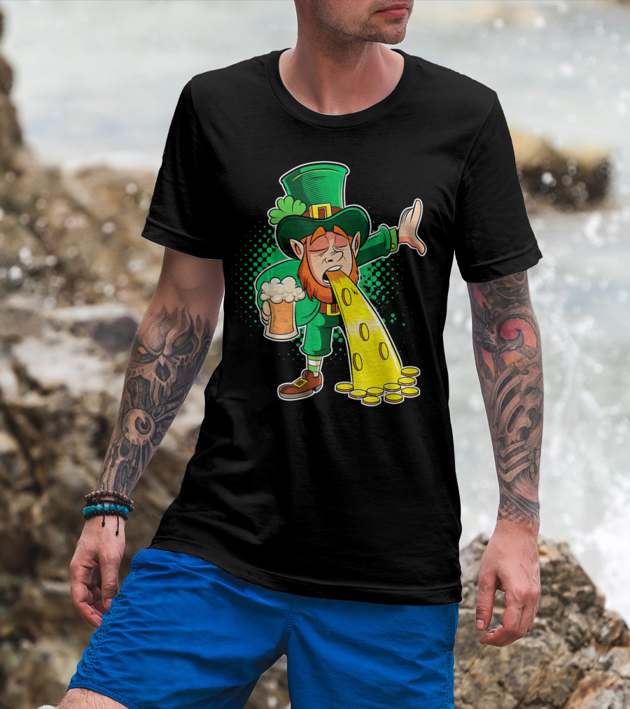 Drunk Leprechaun Puking Gold Coins And Beer Mug T-Shirt