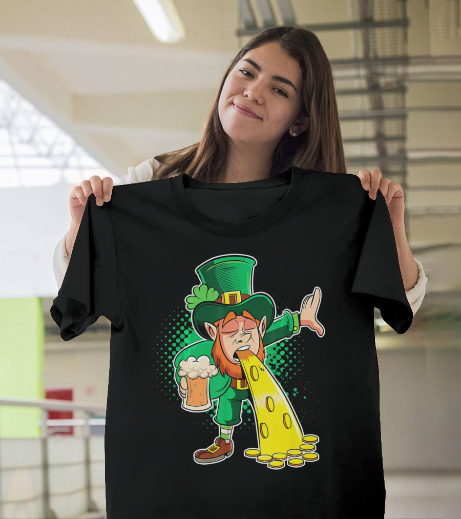 Drunk Leprechaun Puking Gold Coins And Beer Mug T-Shirt
