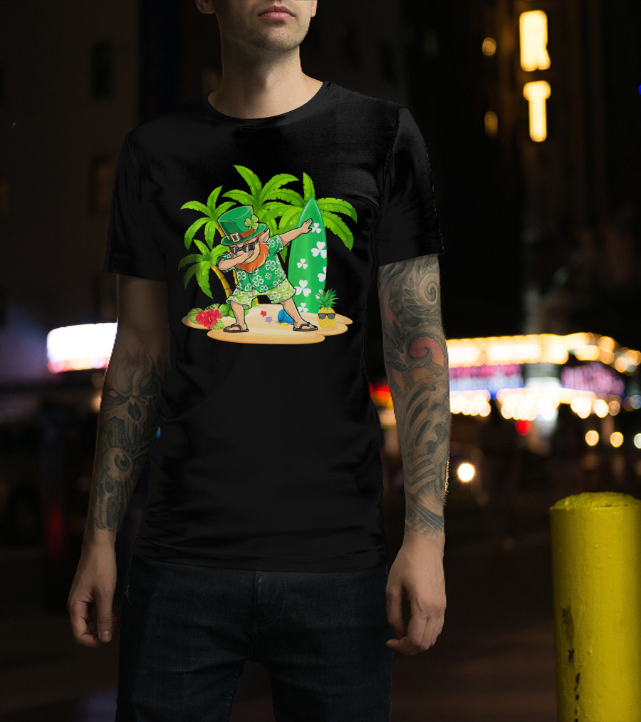 Leprechaun Dabbing On Tropical Beach With Surfboard And Hibiscus Flowers T-Shirt