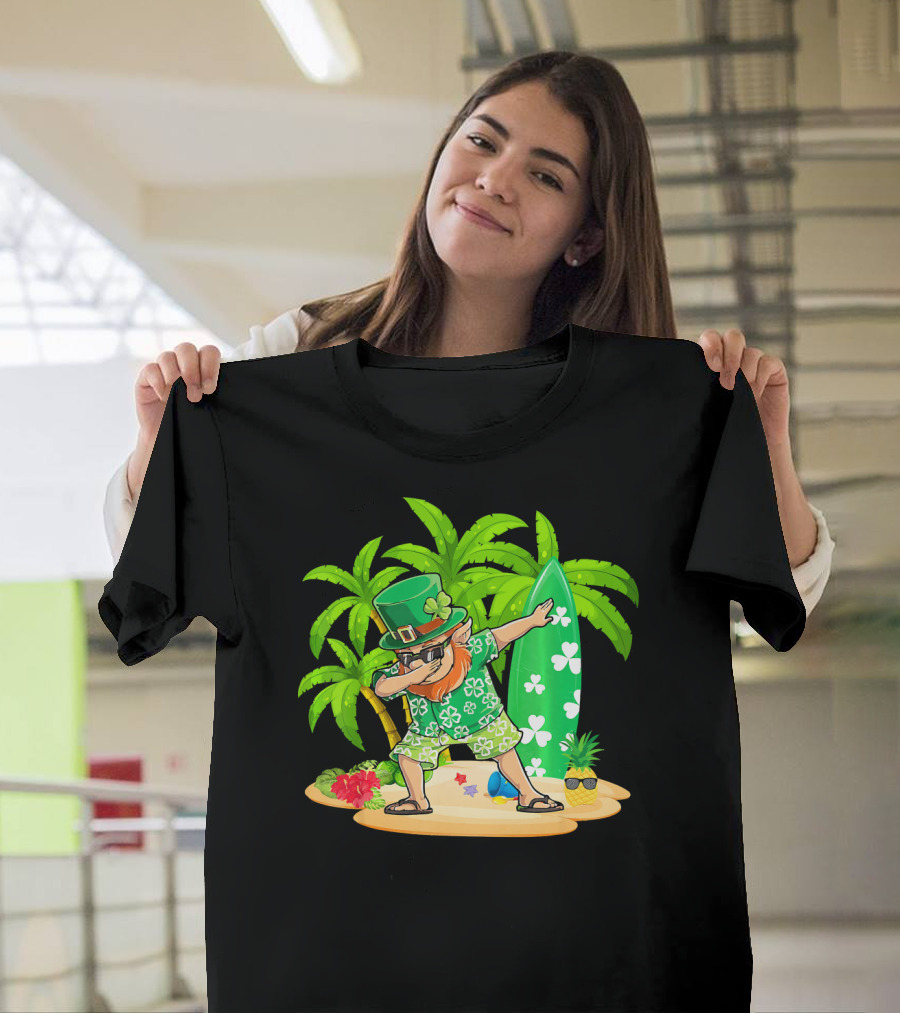 Leprechaun Dabbing on Tropical Beach with Surfboard and Hibiscus Flowers T-Shirt