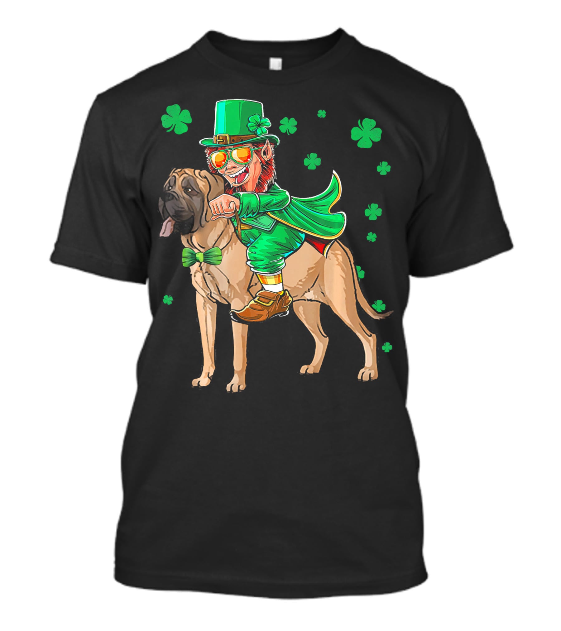 Leprechaun Riding English Mastiff With Shamrocks T-Shirt