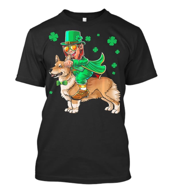Leprechaun Riding Pembroke Welsh Corgi With Shamrocks T-Shirt