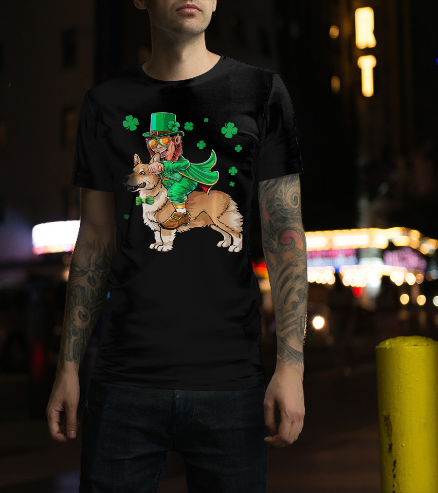 Leprechaun Riding Pembroke Welsh Corgi With Shamrocks T-Shirt