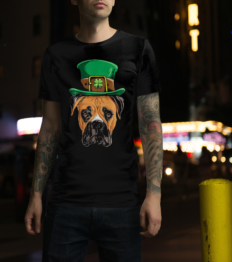St. Patrick's Day Boxer Dog With Green Top Hat And Shamrock T-Shirt