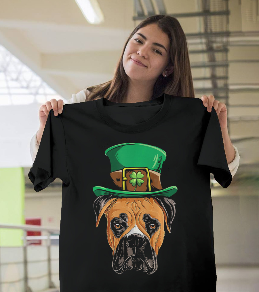 St. Patrick's Day Boxer Dog With Green Top Hat And Shamrock T-Shirt