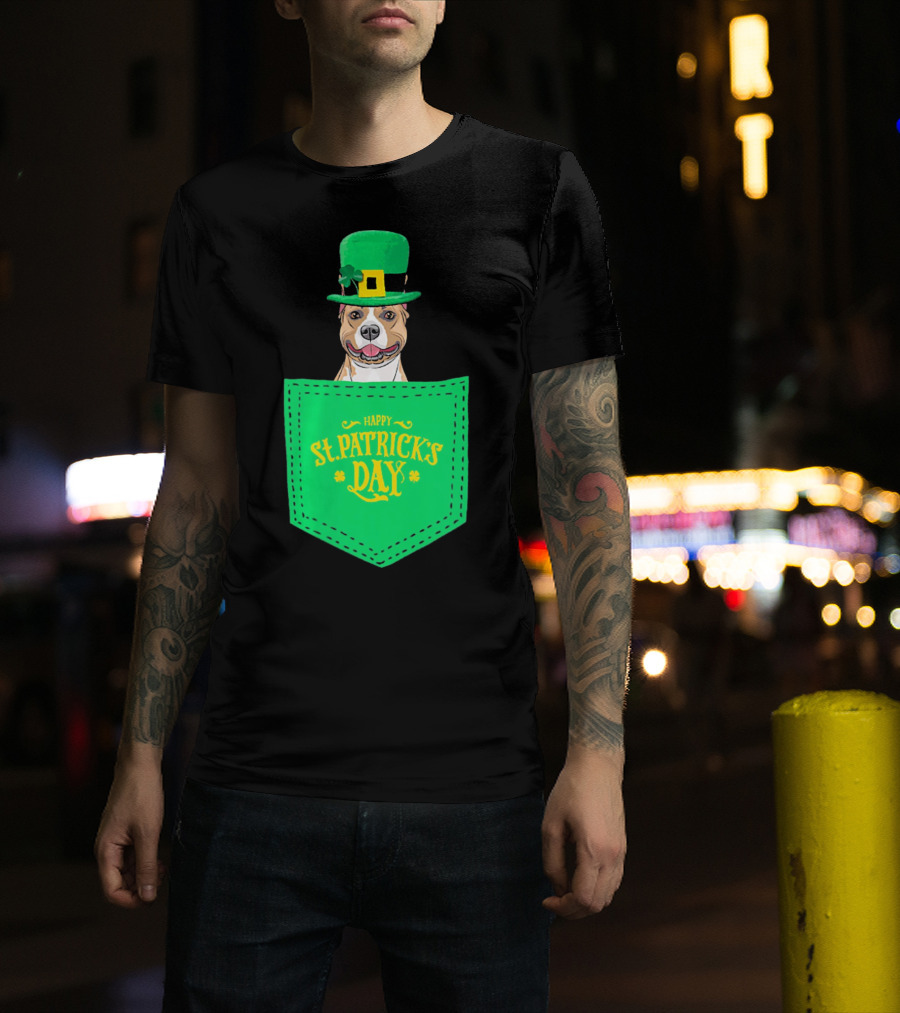 Happy St. Patrick's Day Pitbull Dog In Pocket T-Shirt