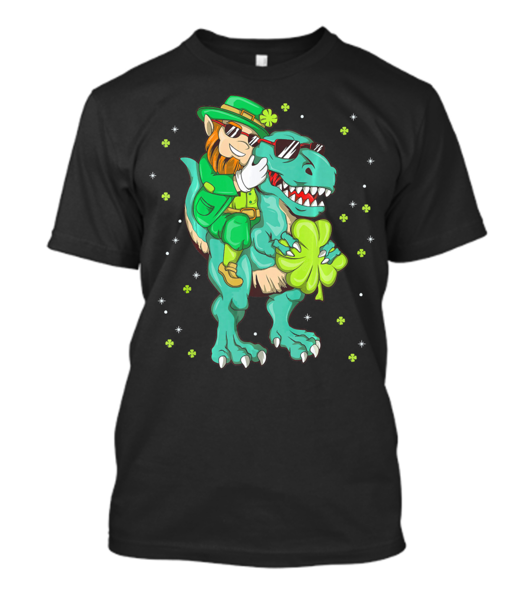Irish Leprechaun Riding Dinosaur With Clover And Sunglasses T-Shirt
