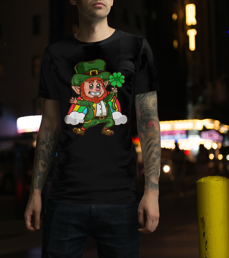 St Patricks Happy Leprechaun Holding Shamrock With Rainbow And Clouds T-Shirt