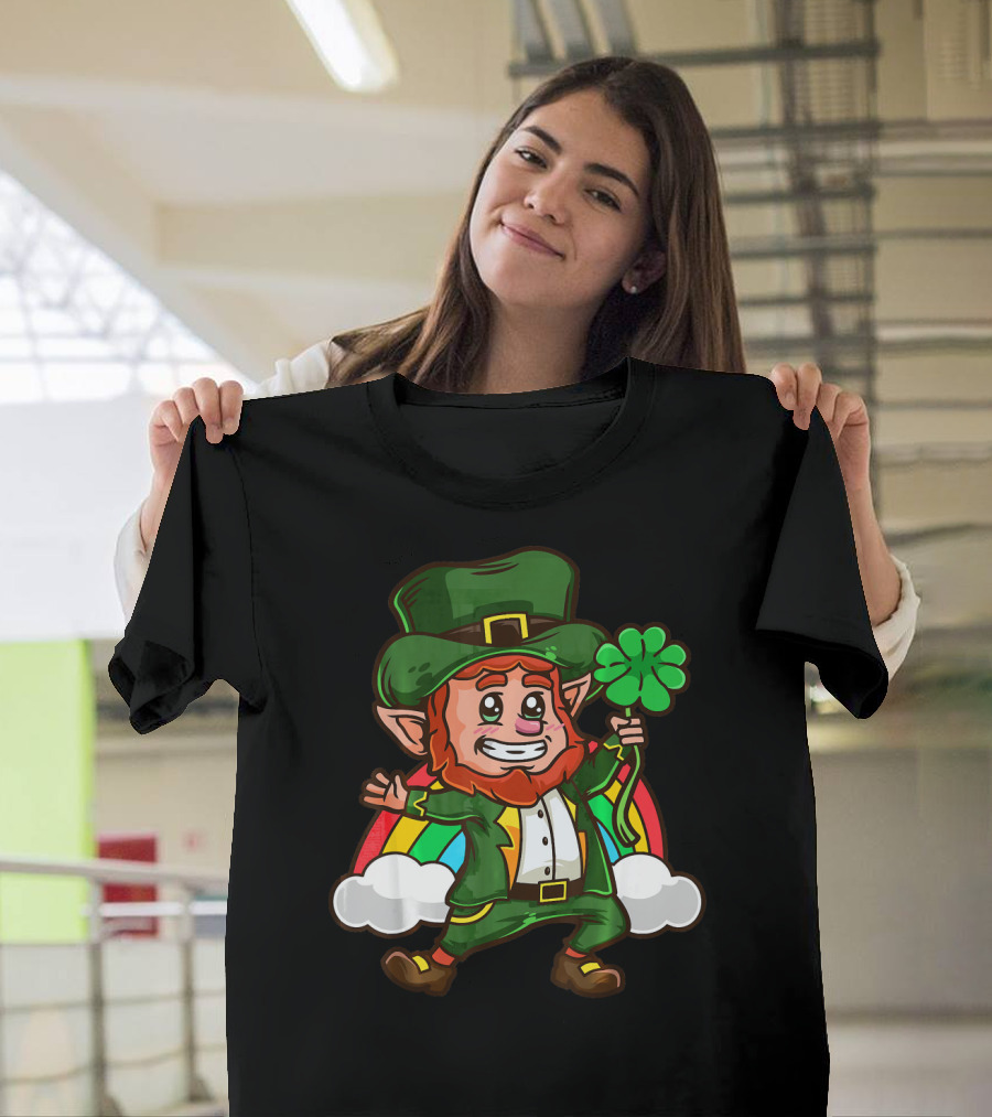 St Patricks Happy Leprechaun Holding Shamrock With Rainbow And Clouds T-Shirt