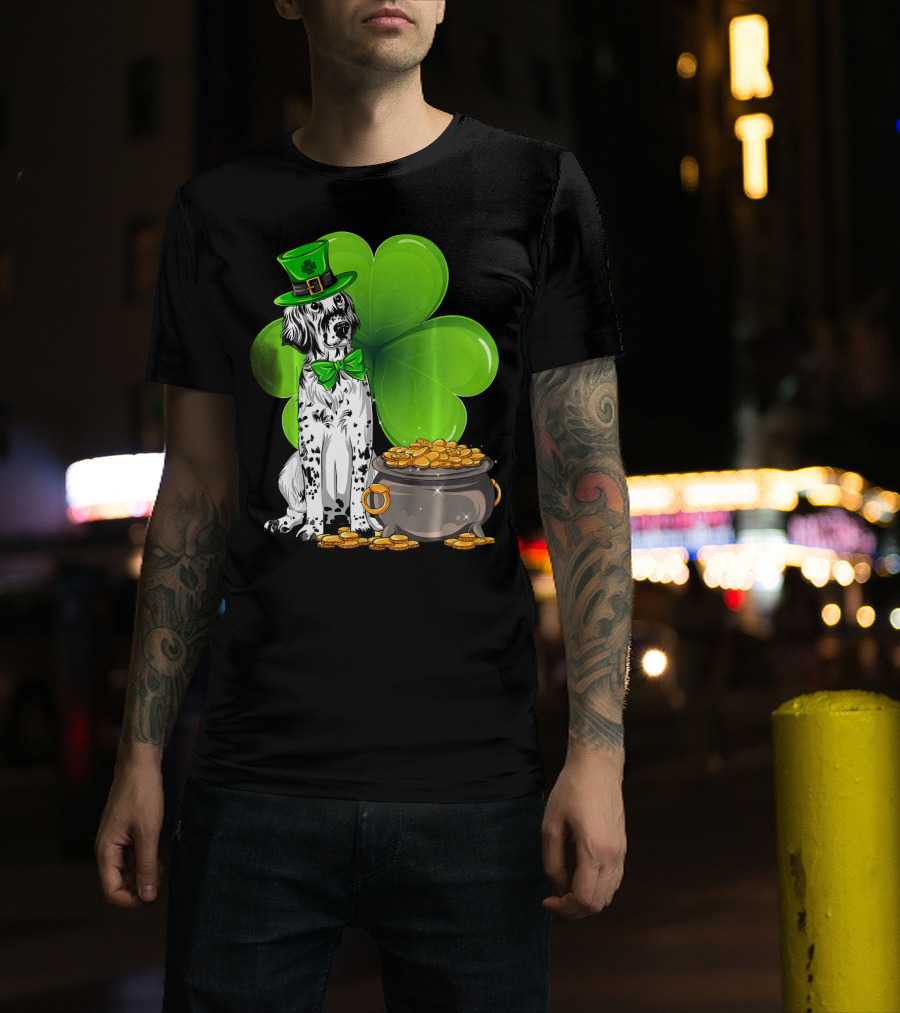 English Setter St Patricks Day Leprechaun Dog With Clover And Pot Of Gold T-Shirt