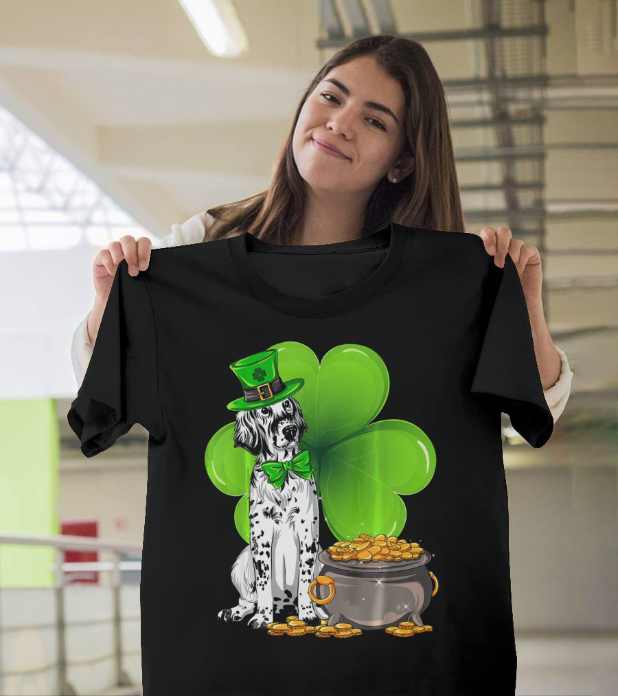 English Setter St Patricks Day Leprechaun Dog with Clover and Pot of Gold T-Shirt