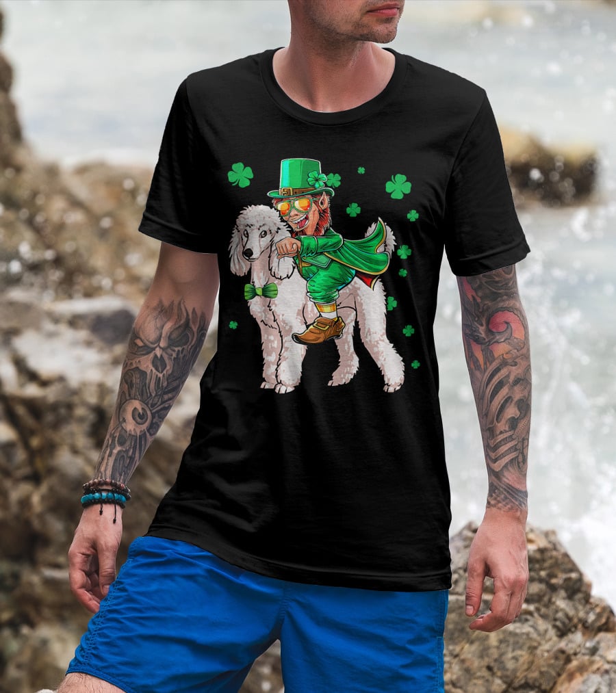 Leprechaun Riding Poodle With Shamrocks St. Patrick's Day T-Shirt