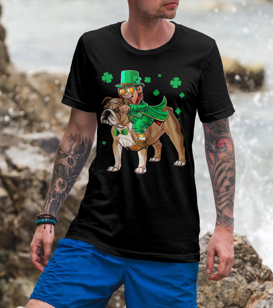 Leprechaun Riding English Bulldog With Shamrocks T-Shirt