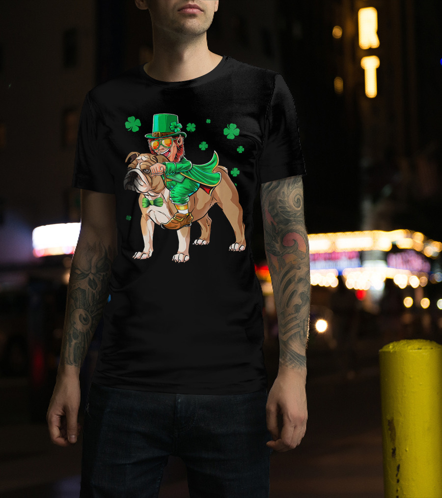 Leprechaun Riding English Bulldog With Shamrocks T-Shirt