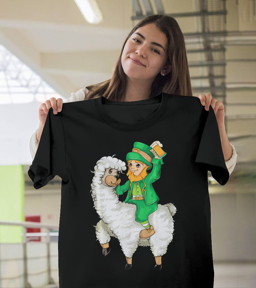Leprechaun in Green Suit Riding White Fluffy Llama with Beer on St. Patrick's Day T-Shirt