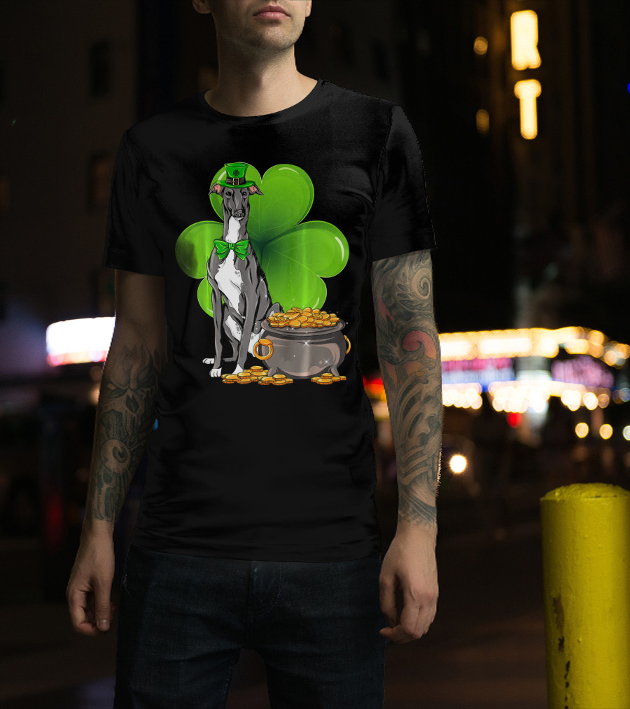 Greyhound St Patricks Day Leprechaun Dog With Shamrock And Pot Of Gold T-Shirt