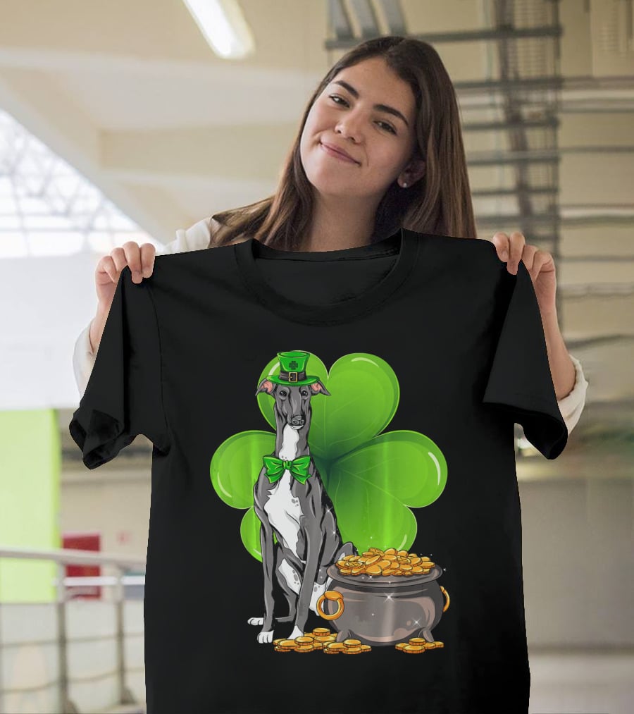 Greyhound St Patricks Day Leprechaun Dog With Shamrock And Pot Of Gold T-Shirt