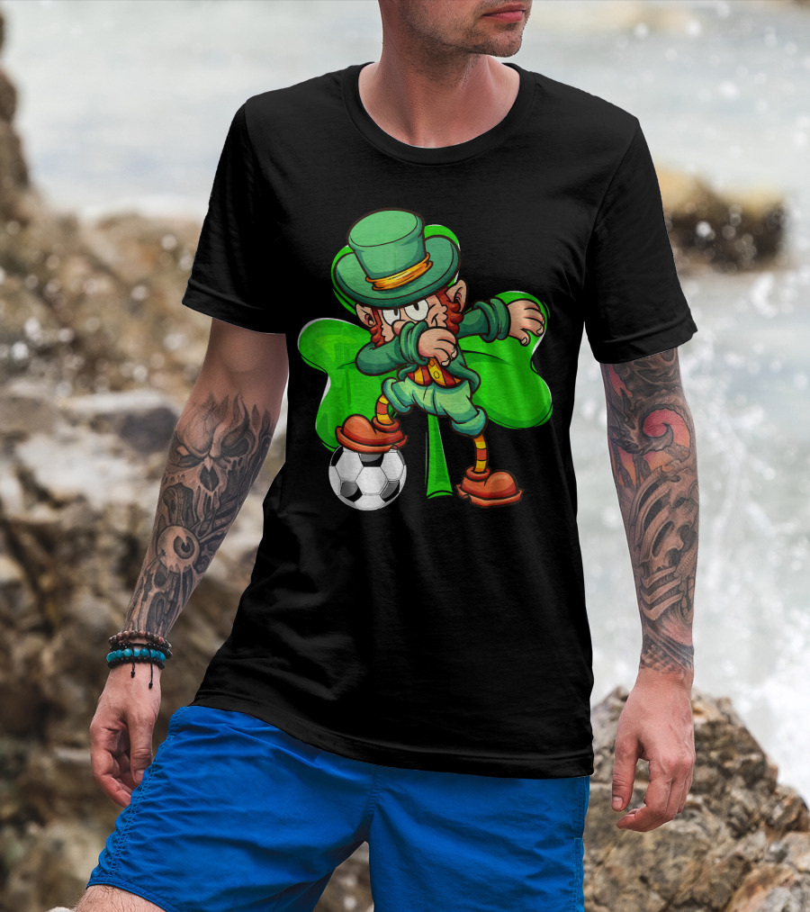 Dabbing Leprechaun Kicking Soccer Ball With Shamrock Background T-Shirt
