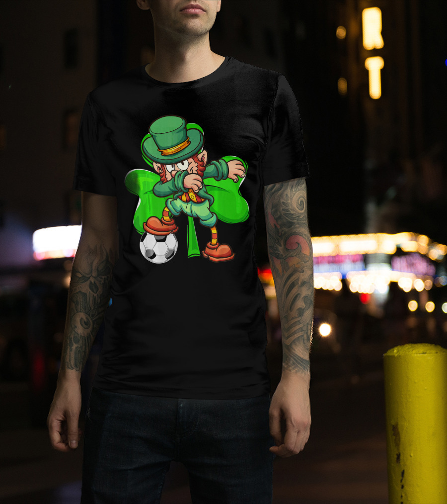 Dabbing Leprechaun Kicking Soccer Ball With Shamrock Background T-Shirt